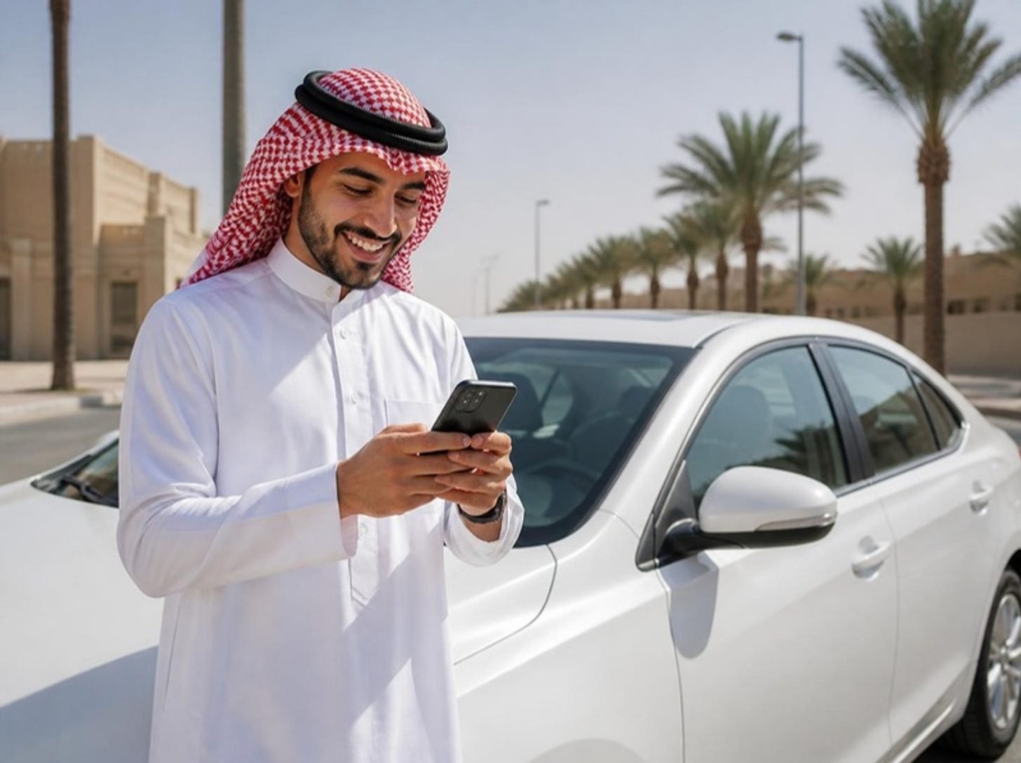 كابتن مبسوط جنب سيارته يشوف جواله